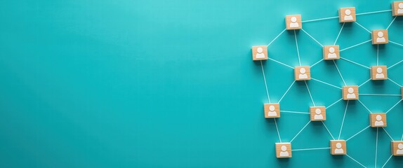 Network of connected people icons on a teal background representing teamwork