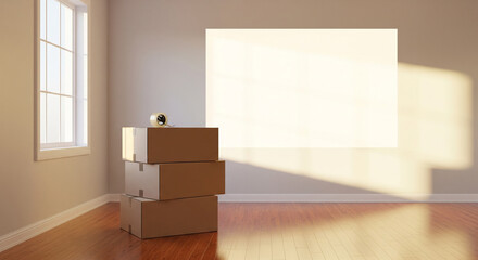 A stack of three brown cardboard moving boxes in a bright, empty room with hardwood floors. A single roll of packing tape sits on top. Sunlight streams through a window, hitting the floor and creating