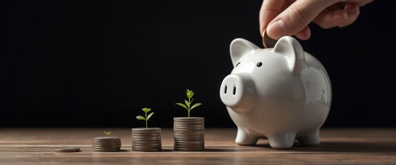 Saving for the future with piggy bank and growing plants on coins