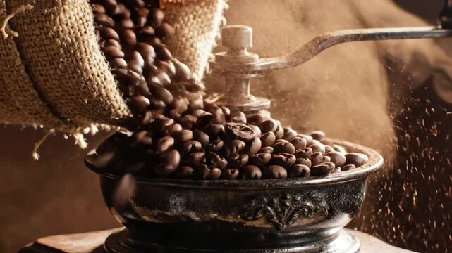 Vintage manual coffee grinder processing roasted beans pouring from burlap sack