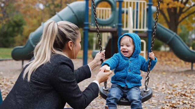 Smiling mother pushing happy toddler boy on a swing at a playground during the autumn season