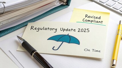 Regulatory Update 2025 Sticky Note with Umbrella Illustration for Compliance and Timeliness in Office Workspace