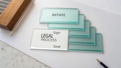 Glass Signs Representing Steps in a Legal Process with a Pen and Document on a Desk