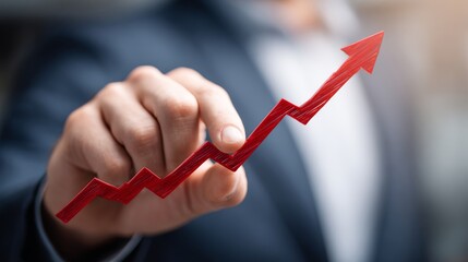 Businessman holding a red upward arrow symbolizing growth, success, and financial progress in a modern corporate environment