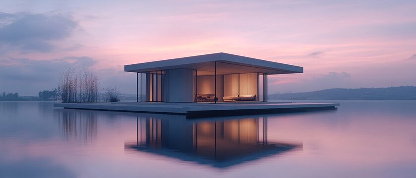 Minimalist floating pavilion with warm interior glow at sunrise, modern architecture on calm reflective water
