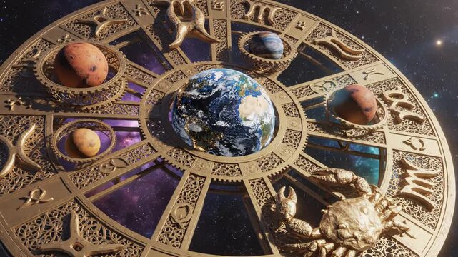 Gold zodiac wheel with planets and earth in the center against a starry night sky background