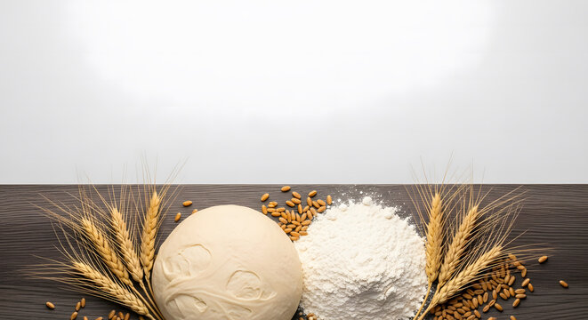 Fresh bread dough, wheat flour, and grain kernels on a dark wood