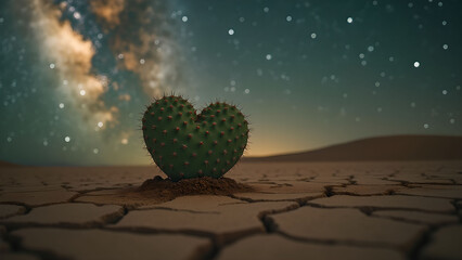 Obraz premium Heart-shaped cactus in desert under starry sky