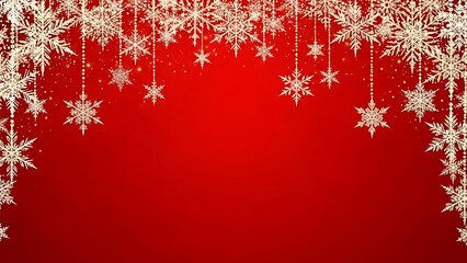 Red background with hanging white snowflakes and beads hanging snowflakes snowflake decorations