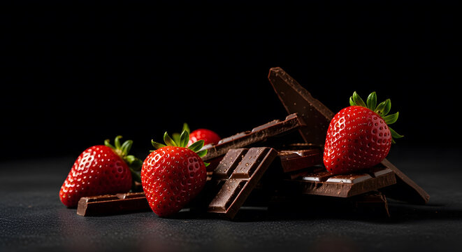 Fresh red strawberries stacked with broken dark chocolate bars o