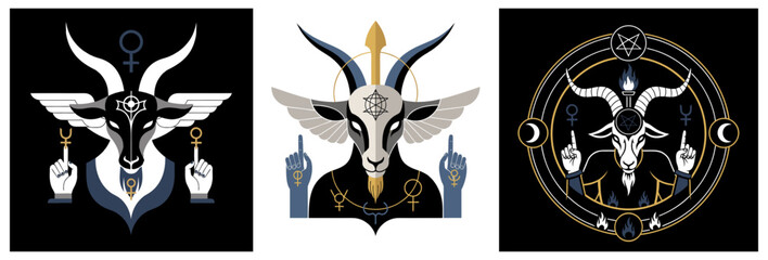 Baphomet with horns and wings expressing symbolic hand gestures in minimal flat design