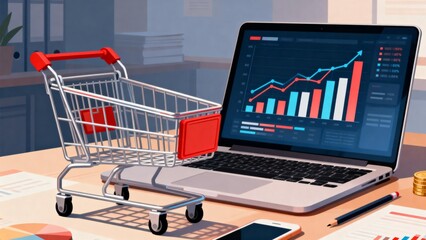 Shopping cart and laptop with sales data