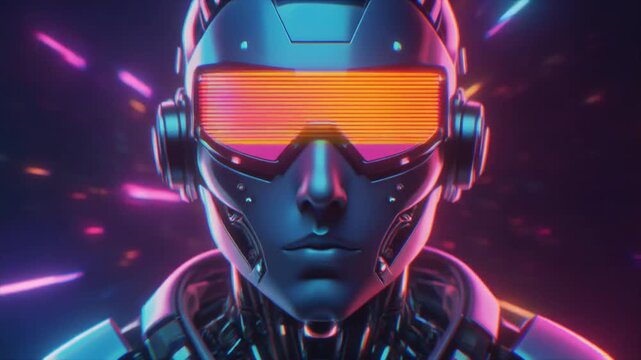 Futuristic Robot Head with Neon Goggles and Cyberpunk Background.