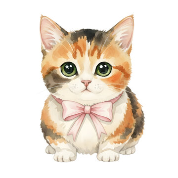 Cute Watercolor Calico Kitten with Pink Bow PNG Illustration