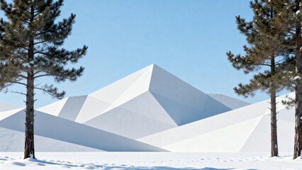 Snowy geometric building with pine trees