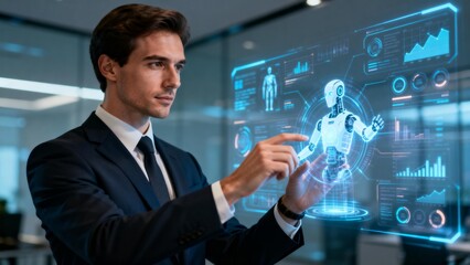Businessman interacting with holographic robot