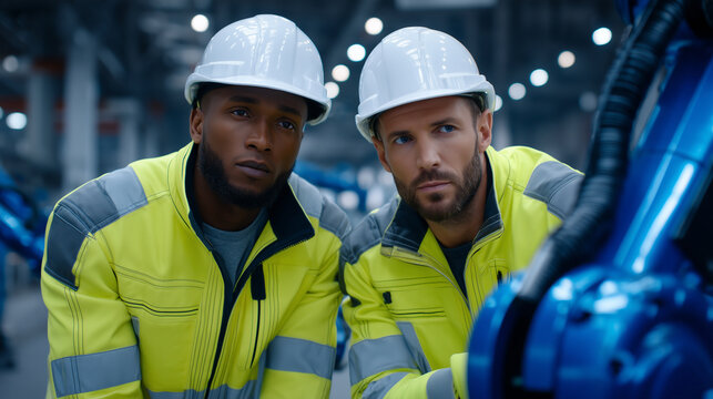 A highly detailed, ultra-realistic industrial scene inside a modern smart factory, capturing two professional engineers collaborating closely with an advanced robotic welding syste