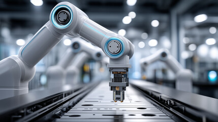 A highly detailed, ultra-realistic industrial scene inside a modern smart electronics factory, focused on an automated robotic arm performing precision assembly tasks on a producti