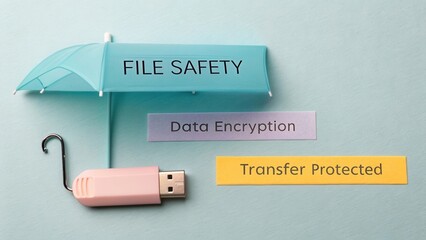 Innovative Concept of File Safety with Umbrella, USB Drive, and Labels for Data Encryption and Transfer Protection