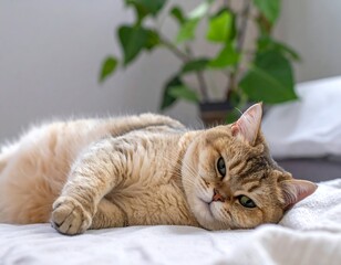Obraz premium A golden-brown cat rests on a bed, with leafy plant in the background