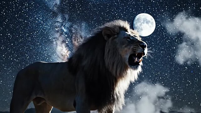 The powerful silhouette of the king of the jungle executes a dramatic lion roar, standing proudly beneath the vast, sparkling expanse of the Milky Way and the luminous full.