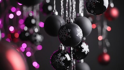 Closeup of matte black christmas ornaments with white snowflakes hanging against a dark background with vibrant pink and red bokeh lights