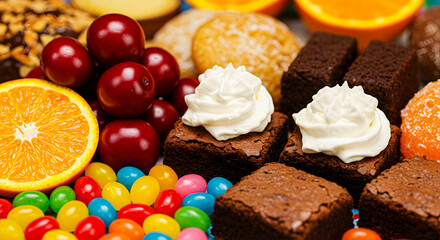 Assorted sweets and desserts arranged on a colorful background with fruits and candies