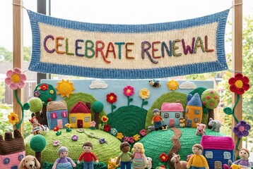 A cheerful scene showcasing handmade knitted figures and colorful houses under a banner celebrating renewal. The bright colors and joyful details depict a lively community atmosphere