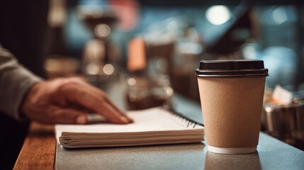 A warm beverage to fuel a workday, alongside a trusty notepad and a helping hand ready to capture ideas, in a cozy shop setting, bathed in ambient light.