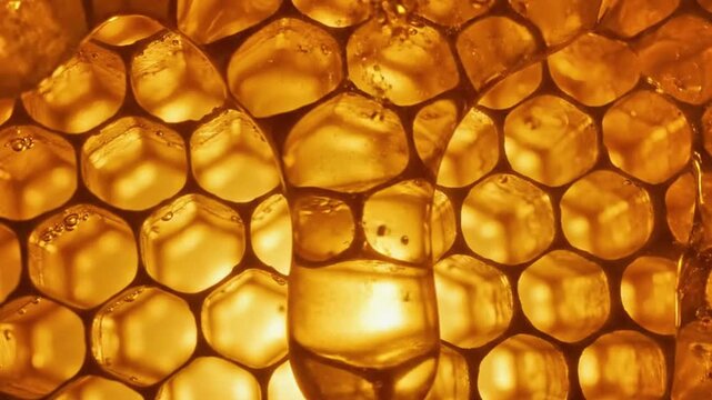 A honeycomb lattice structure made of glowing golden honey, hexagonal close-up.