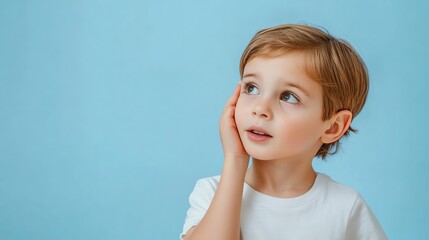 Thoughtful child pondering against blue background.