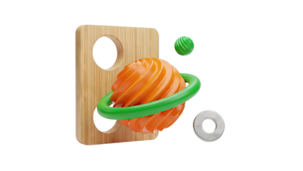Abstract 3D illustration with a planet-like object and wood panel