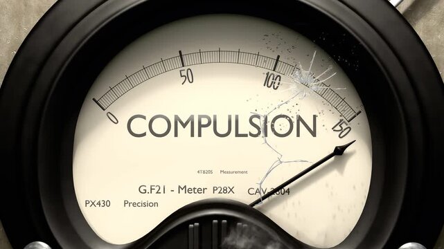 Compulsion meter showing big levels of compulsion. Dangerously increasing high values of compulsion, critical overload. Too much, off the charts. Max compulsion