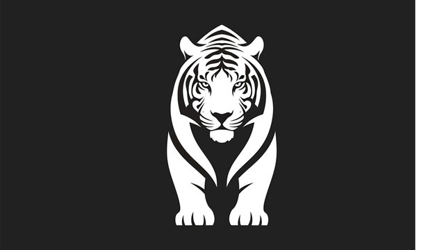Striking White Tiger Illustration on Black Background, Front View.