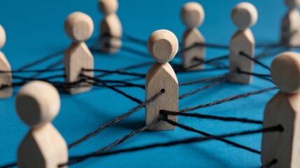 Wooden human figures connected by black lines on a vibrant blue background representing social networking, business connections, teamwork, and corporate collaboration concepts