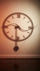 Abstract Shadow of a Melting Pendulum Clock Projected Onto an Old Cracked Interior Room Wall