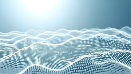 Futuristic digital landscape with glowing blue waves and grid pattern