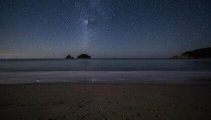 Serene Coastal Night Scene with Bioluminescence Under a Vast Starry Sky and Milky Way Galaxy
