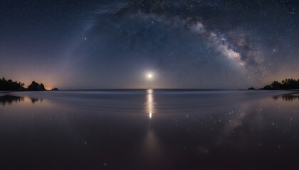 Breathtaking Milky Way Arch and Glowing Moon Reflection on a Tranquil Tropical Beach Night