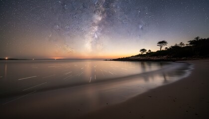 Stunning Milky Way Galaxy Over a Serene Beach with Dynamic Light Streaks and Silhouetted Trees
