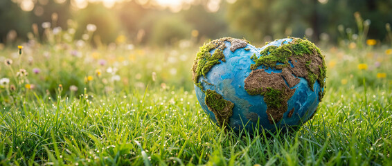 Earth Day Concept, Heart-Shaped Globe on Green Grass Background