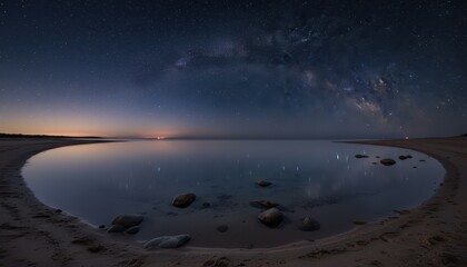 Majestic Milky Way Galaxy Arching Over a Peaceful Circular Coastal Bay and Sandy Beach at Night