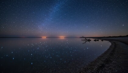 Breathtaking Starry Night Sky and Milky Way Galaxy Mirroring in Still Water with Coastal Driftwood.