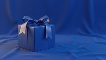 Monochromatic Navy Blue Gift Box Wrapped with Satin Bow on Luxuriously Rippled Fabric Texture