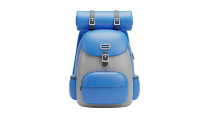 Blue and Gray Hiking Backpack with Rolled Item
