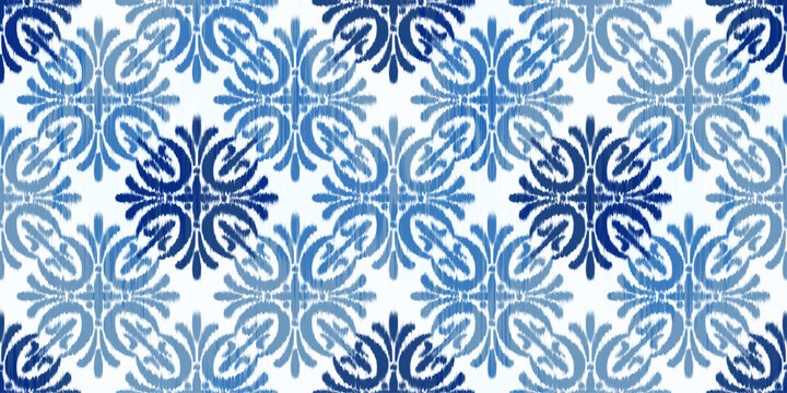 Ikat seamless pattern with floral ethnic motif. Geometric rug textured batik print for textile fabric background. Traditional tribal oriental woven ornament. Decorative grunge folk illustration