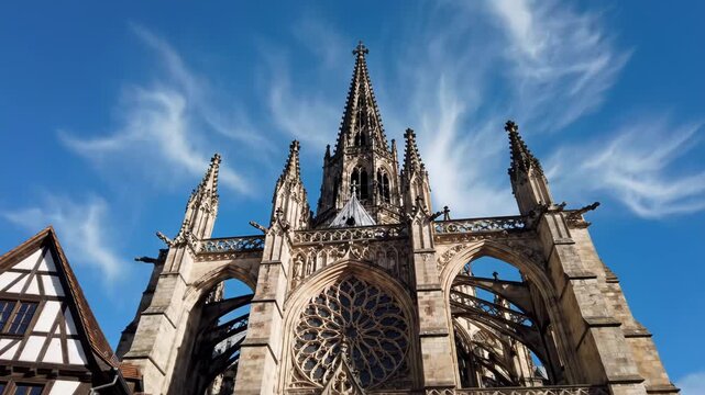 A stunning gothic cathedral with a halftimbered house beside it under a blue sky with wispy clouds on a sunny day