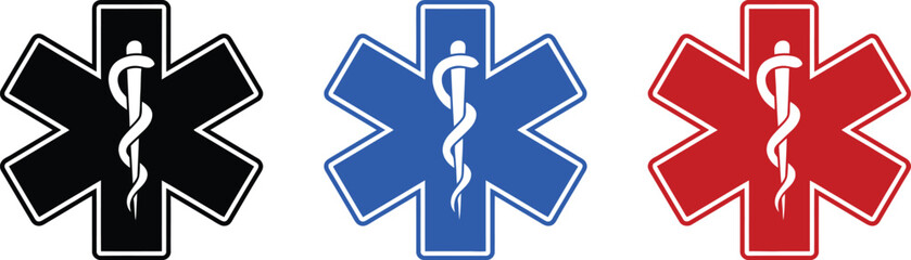 Star of life medical symbols in black, blue, and red © Raton