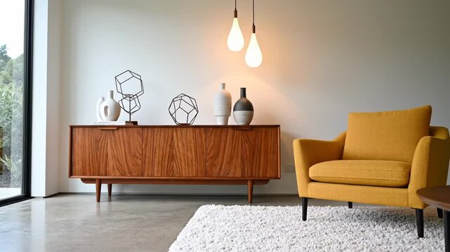 Midcentury modern living room interior with a wooden sideboard, yellow armchair, and decorative objects