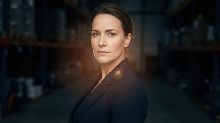Professional Businesswoman Standing Confidently in a Warehouse with Industrial Racking Background